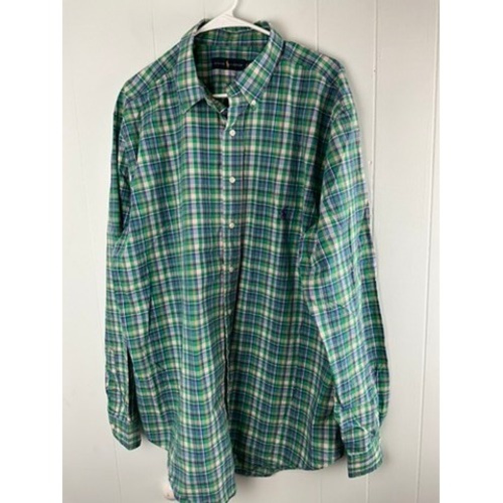 Ralph Lauren Mens XLT Tall Plaid Button Down Shirt Green Blue Purple Pony Logo